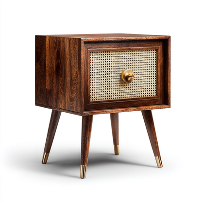 Mid-Century Modern Rattan Bedside Table