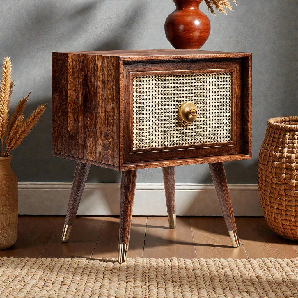Mid-Century Modern Rattan Bedside Table